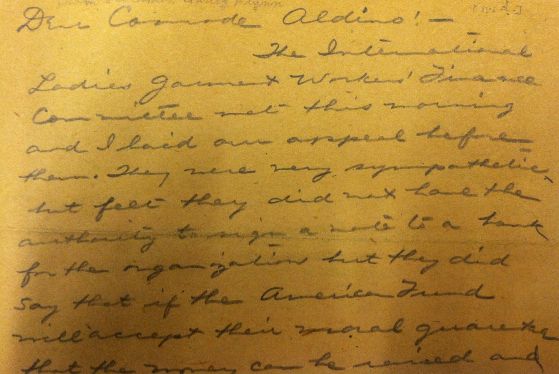 Letter from Elizabeth Gurley Flynn to Aldino Felicani.  BPL Special Collections Archive